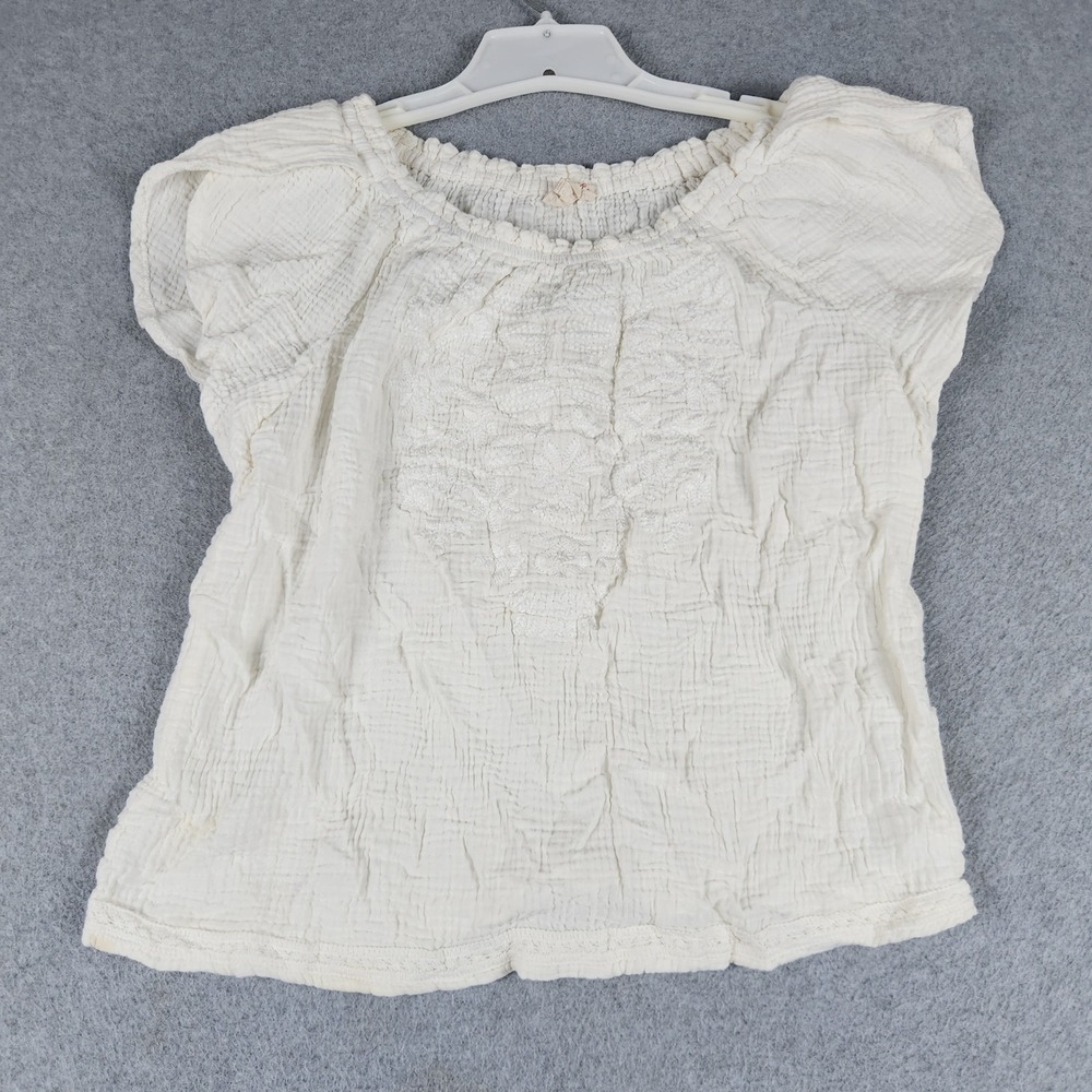 Solitaire Blouse Top Womens M Beige Cotton Gauze Embroidered Boho Cottagecore